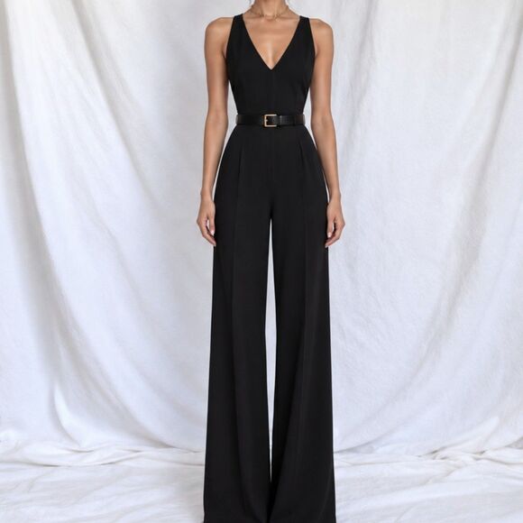 Pants - Vintage Y2K Black Sleeveless V-neck Wide Leg One Piece Office Jumpsuit Size M